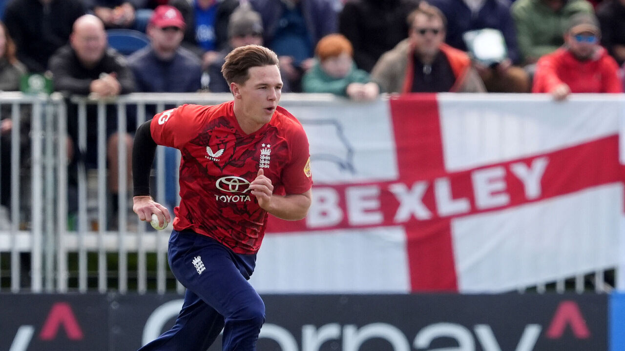 England's Sonny Baker bowling during the Third Men's International Twenty20 match at Malahide Cricket Club in Dublin, Ireland. Picture date: Sunday September 21, 2025.