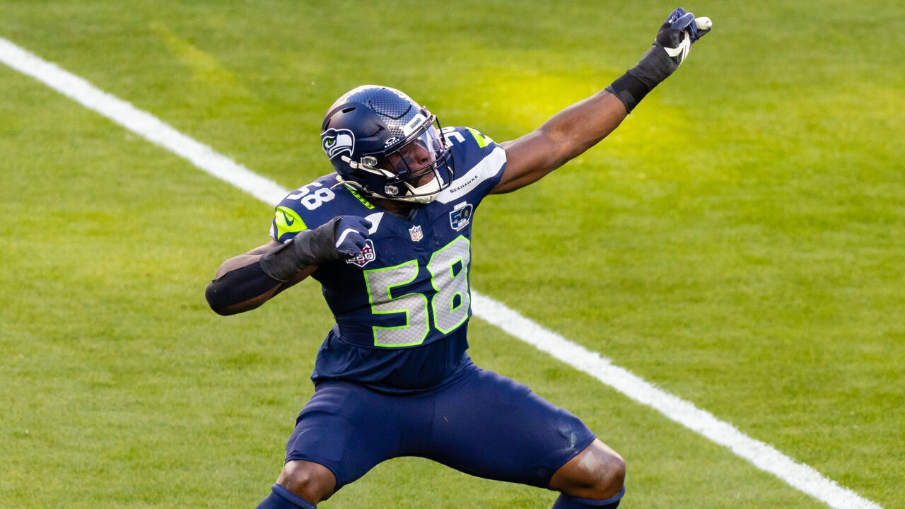 SANTA CLARA, CA - FEBRUARY 08: OLB Derick Hall (58) of the Seattle Seahawks reacts to making a defensive play during the Seattle Seahawks versus the New England Patriots Super Bowl LX game on February 8, 2026, at Levi's Stadium in Santa Clara, CA.