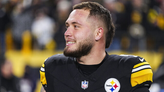 PITTSBURGH, PENNSYLVANIA - JANUARY 12: Nick Herbig #51 of the Pittsburgh Steelers looks on from the sideline during the national anthem prior to an NFL wild card playoff football game against the Houston Texans at Acrisure Stadium on January 12, 2026 in Pittsburgh, Pennsylvania.