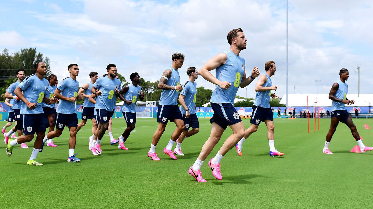 England's Jordan Henderson (centre) and team-mates during a training session at Palm Beach Gardens, Florida. Picture date: Tuesday June 2, 2026.