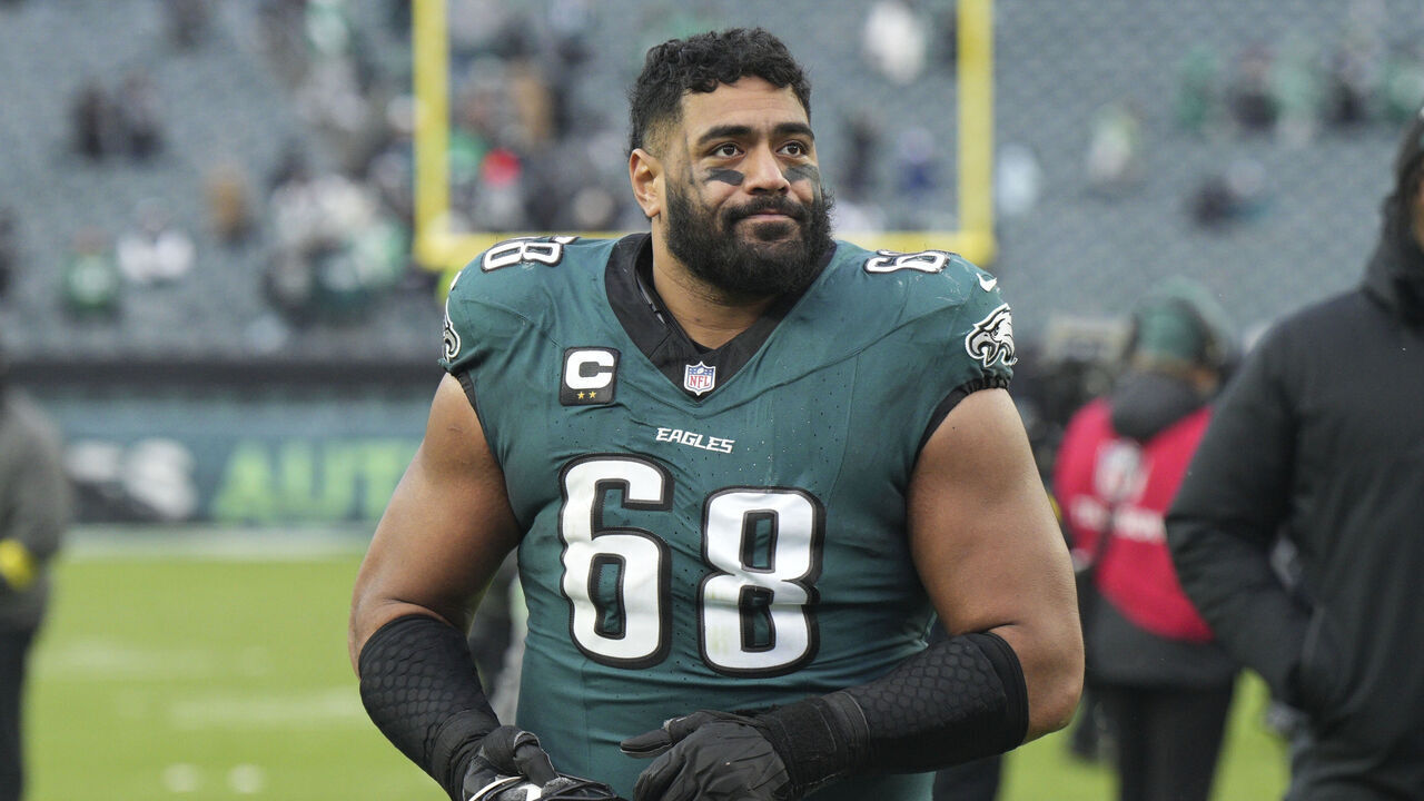 PHILADELPHIA, PA - DECEMBER 14: Philadelphia Eagles offensive tackle Jordan Mailata (68) looks on during the game between the Las Vegas Raiders and the Philadelphia Eagles on December 14, 2025 at Lincoln Financial Field in Philadelphia, PA.