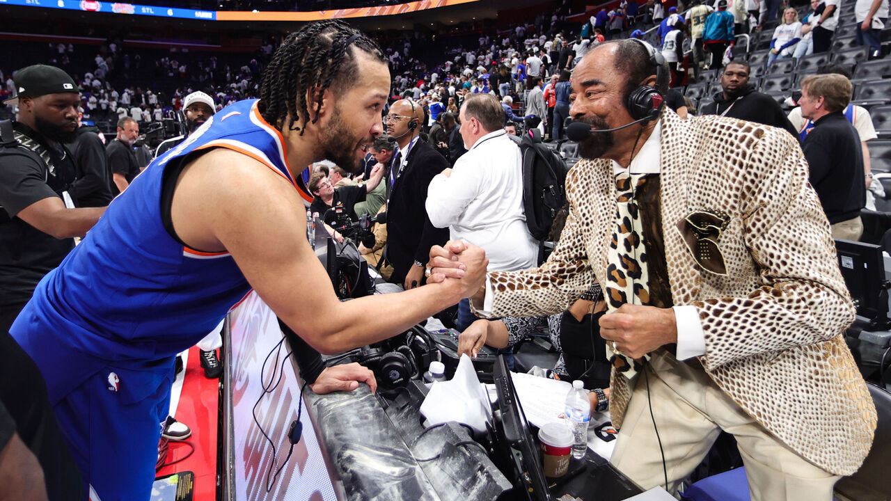 DETROIT, MI - MAY 1: Jalen Brunson #11 of the New York Knicks high fives Walt Frazier after the game during Round 1 Game 6 on May 1, 2025 at Little Caesars Arena in Detroit, Michigan. NOTE TO USER: User expressly acknowledges and agrees that, by downloading and/or using this photograph, User is consenting to the terms and conditions of the Getty Images License Agreement. Mandatory Copyright Notice: Copyright 2025 NBAE