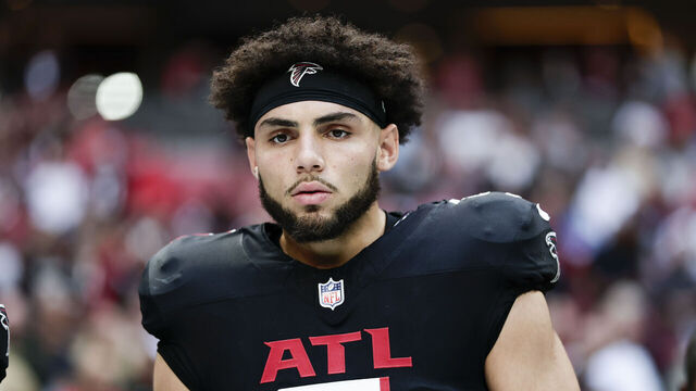 ATLANTA, GEORGIA - NOVEMBER 16: Drake London #5 of the Atlanta Falcons stands for the National Anthem during the NFL 2025 game between Carolina Panthers and Atlanta Falcons at Mercedes-Benz Stadium on November 16, 2025 in Atlanta, Georgia.