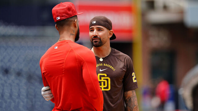 SAN DIEGO, CA - MAY 25: Nick Castellanos #21 of the San Diego Padres greets Cristopher Sánchez #61 of the Philadelphia Phillies prior to the game between the Philadelphia Phillies and the San Diego Padres at Petco Park on Monday, May 25, 2026 in San Diego, California.