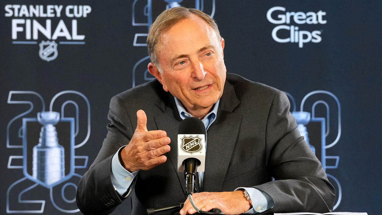 RALEIGH, NORTH CAROLINA - JUNE 02: NHL commissioner Gary Bettman speaks to the media before Game One of the Stanley Cup Final between the Vegas Golden Knights and the Carolina Hurricanes at Lenovo Center on June 02, 2026 in Raleigh, North Carolina.