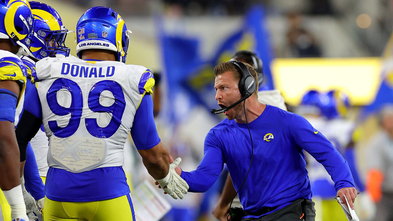 INGLEWOOD, CALIFORNIA - FEBRUARY 13: Head coach Sean McVay of the Los Angeles Rams reacts with Aaron Donald #99 during the second half of Super Bowl LVI at SoFi Stadium on February 13, 2022 in Inglewood, California. The Los Angeles Rams defeated the Cincinnati Bengals 23-20.