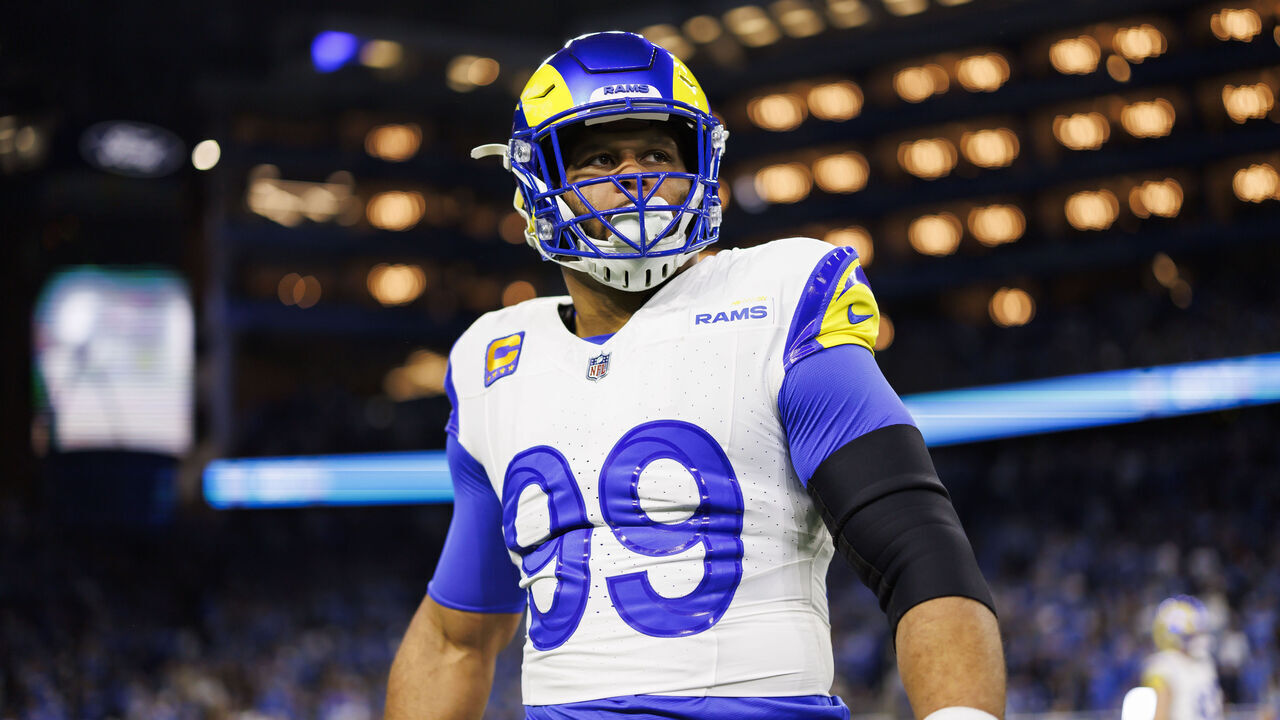 DETROIT, MICHIGAN - JANUARY 14: Aaron Donald #99 of the Los Angeles Rams looks on during pregame warmups prior to an NFC Wild Card Playoff football game against the Detroit Lions at Ford Field on January 14, 2024 in Detroit, Michigan.