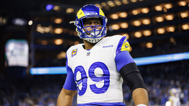 DETROIT, MICHIGAN - JANUARY 14: Aaron Donald #99 of the Los Angeles Rams looks on during pregame warmups prior to an NFC Wild Card Playoff football game against the Detroit Lions at Ford Field on January 14, 2024 in Detroit, Michigan.