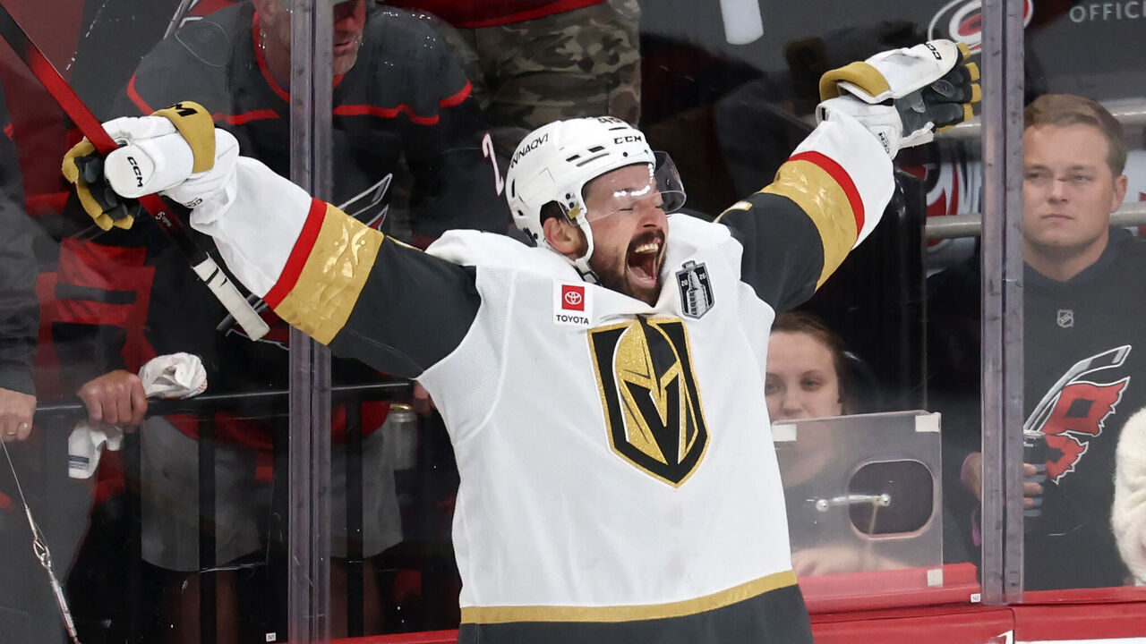 RALEIGH, NORTH CAROLINA - JUNE 02: Tomas Hertl #48 of the Vegas Golden Knights celebrates after scoring a goal against the Carolina Hurricanes during the third period in Game One of the 2026 Stanley Cup Final at Lenovo Center on June 02, 2026 in Raleigh, North Carolina.