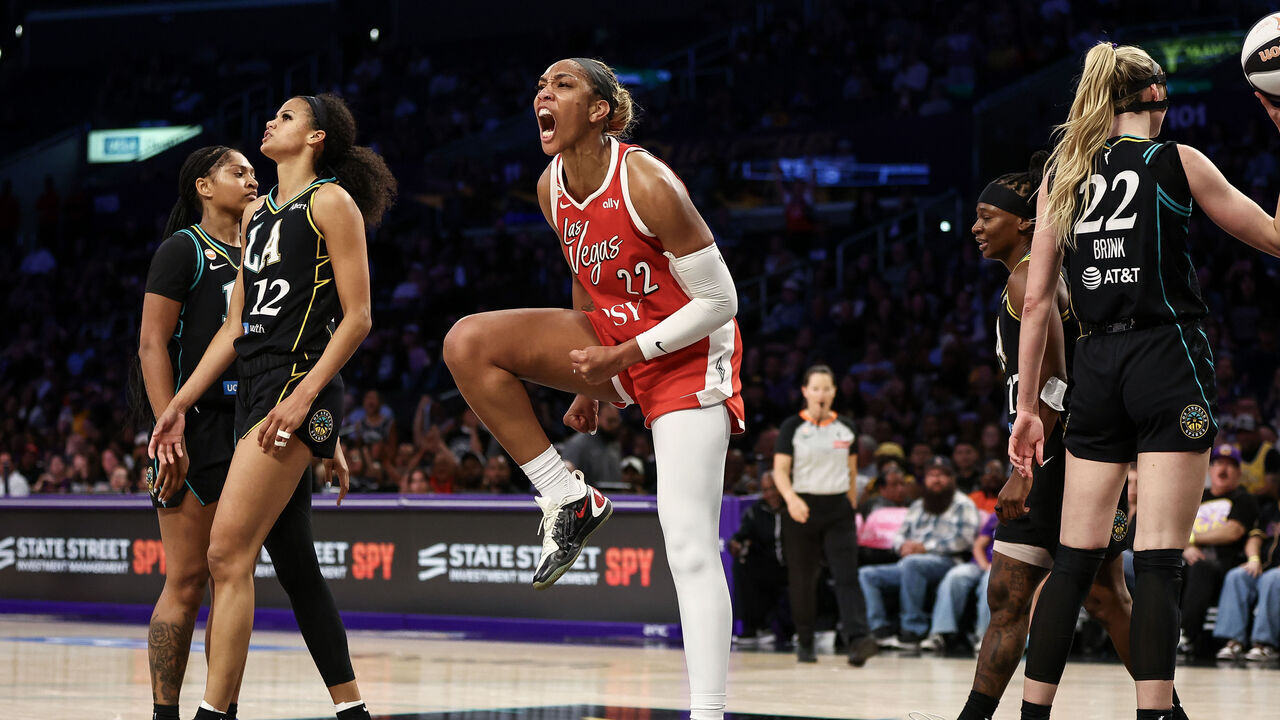 LOS ANGELES, CALIFORNIA - JUNE 02: A'ja Wilson #22 of the Las Vegas Aces reacts after a shot and a foul call in the second half against the Los Angeles Sparks at Crypto.com Arena on June 02, 2026 in Los Angeles, California.