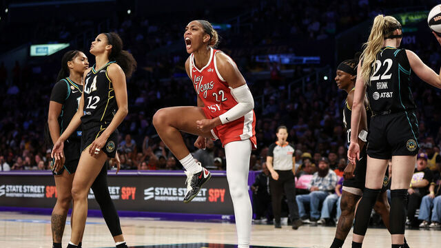 LOS ANGELES, CALIFORNIA - JUNE 02: A'ja Wilson #22 of the Las Vegas Aces reacts after a shot and a foul call in the second half against the Los Angeles Sparks at Crypto.com Arena on June 02, 2026 in Los Angeles, California.