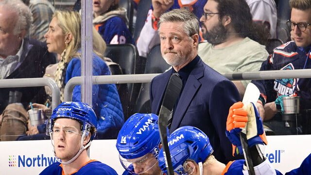 ELMONT, NEW YORK - APRIL 03: Head coach Patrick Roy of the New York Islanders looks on during the game against the Philadelphia Flyers at UBS Arena on April 03, 2026 in Elmont, New York.