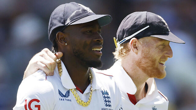 ADELAIDE, AUSTRALIA - DECEMBER 20: Jofra Archer of England celebrates with Ben Stokes after taking the wicket of Scott Boland of Australia for 1 run during day four of the Third Test Match in the 2025-26 Ashes Series between Australia and England at Adelaide Oval on December 20, 2025 in Adelaide, Australia.