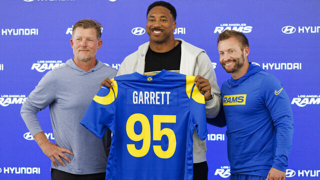 WOODLAND HILLS, CA - JUNE 02, 2026: General manager Les Snead, Myles Garrett and head coach Sean McVay of the Los Angeles Rams pose for a photo during a press conference at Rams training facility on Tuesday, June 2, 2026 in Woodland Hills, CA. (Ric Tapia / Los Angeles Times via Getty Images)
