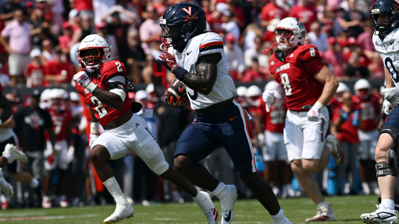 RALEIGH, NC - SEPTEMBER 06: Running Back J'Mari Taylor #3 of the Virginia Cavaliers runs the ball down the field during the College Football game between the NC State Wolfpack and the Virginia Cavaliers on September 6, 2025 at Carter-Finley Stadium in Raleigh, North Carolina.