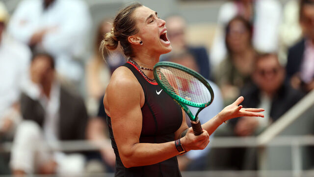 PARIS, FRANCE - JUNE 03: Aryna Sabalenka reacts as she is on the way to being defeated by Diana Shnaider in their Quarter final match during Day Eleven of the 2026 French Open at Roland Garros on June 03, 2026 in Paris, France.