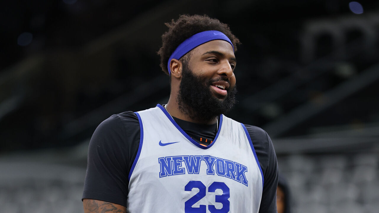 SAN ANTONIO, TX - JUNE 2: Mitchell Robinson #23 of the New York Knicks smiles during 2026 NBA Finals Practice and Media Availability on June 2, 2026 at Frost Bank Center in San Antonio, Texas. Mandatory Copyright Notice: Copyright 2026 NBAE