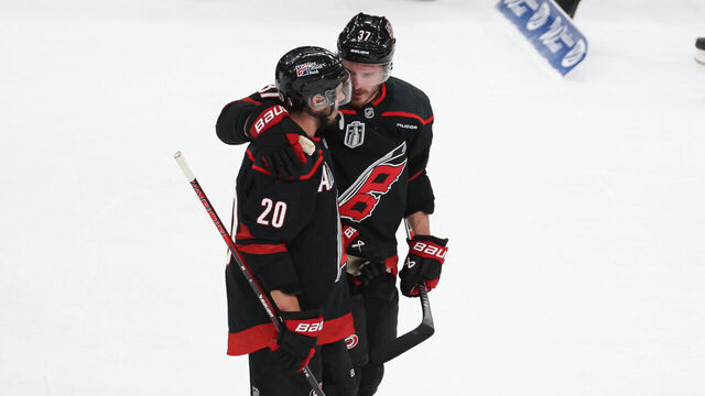 RALEIGH, NC - JUNE 02: Andrei Svechnikov #37 of the Carolina Hurricanes and Sebastian Aho #20 of the Carolina Hurricanes talk after a goal during game one of the NHL Stanley Cup Final between the Vegas Golden Knights and the Carolina Hurricanes on June 2, 2026 at Lenovo Center in Raleigh, North Carolina.