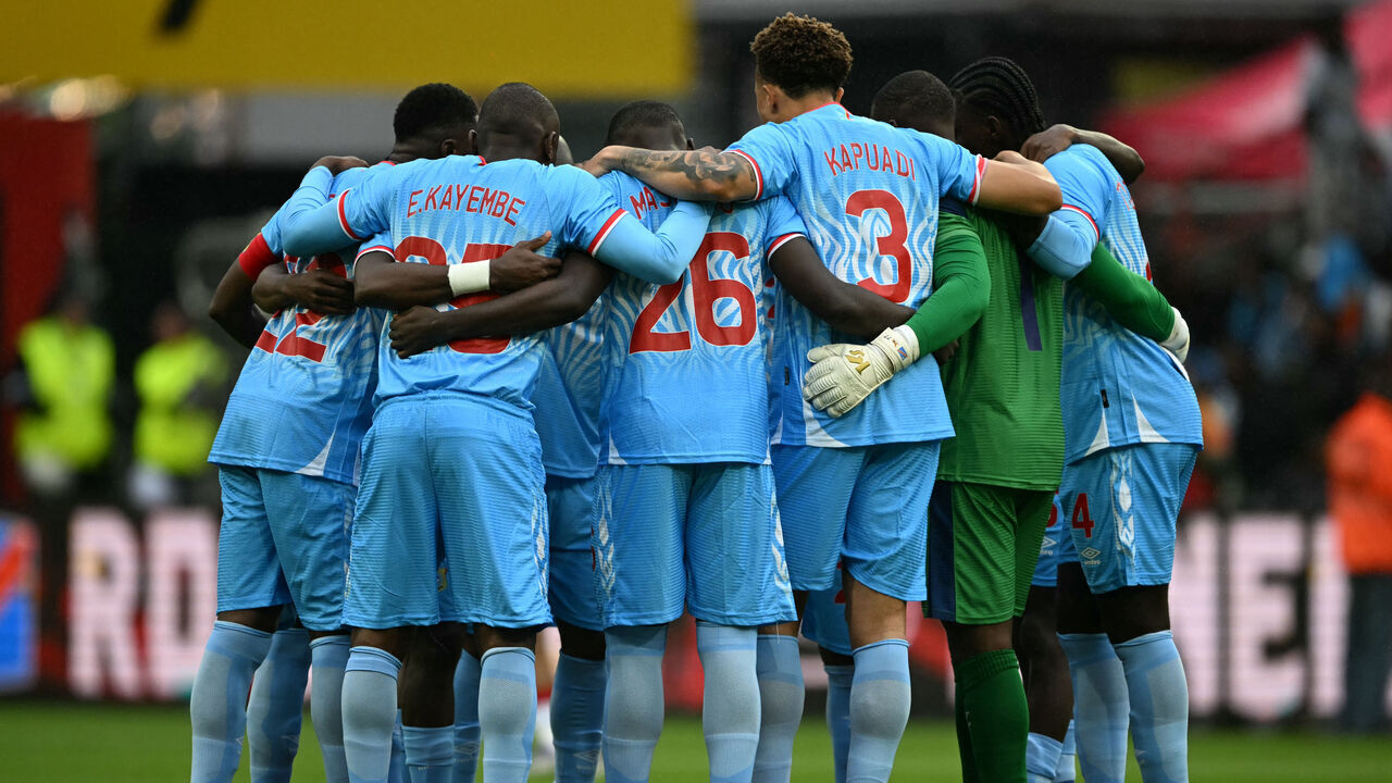 Congo's players huddle prior to the international friendly football match between Denmark and DR Congo ahead of the 2026 FIFA World Cup football tournament at the Stade Maurice Dufrasne in Liege on June 3, 2026.