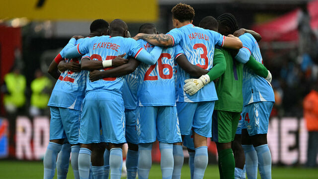 Congo's players huddle prior to the international friendly football match between Denmark and DR Congo ahead of the 2026 FIFA World Cup football tournament at the Stade Maurice Dufrasne in Liege on June 3, 2026.