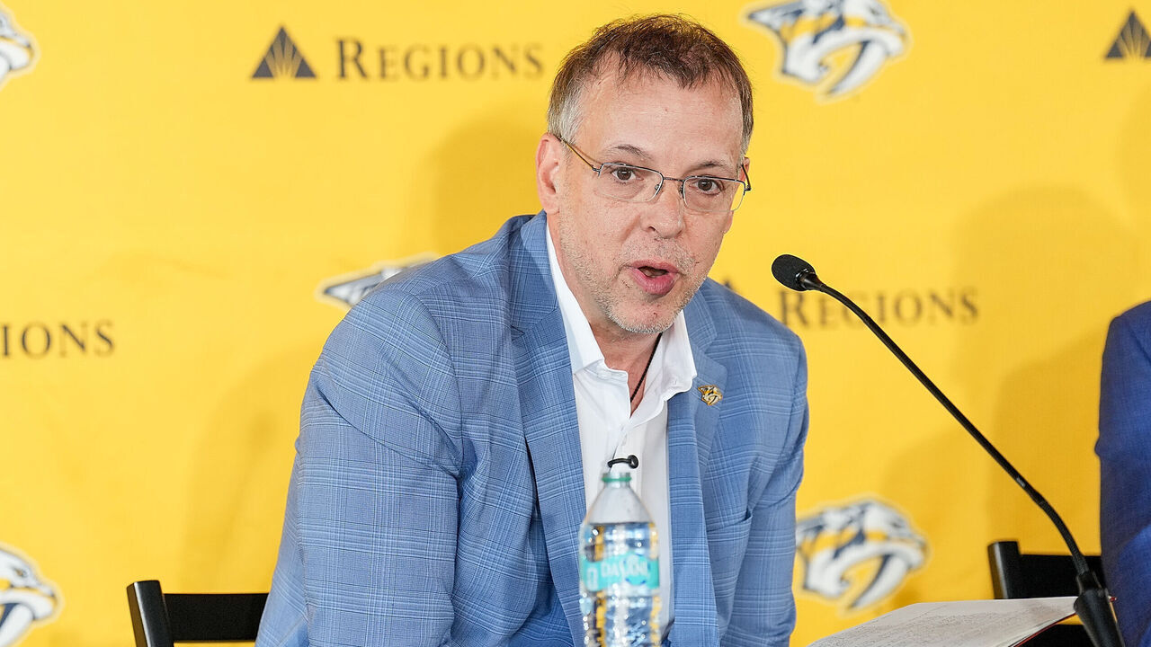 NASHVILLE, TENNESSEE - JUNE 3: Nashville Predators new general manager Chris MacFarland talks to the media during a press conference at Bridgestone Arena on June 3, 2026 in Nashville, Tennessee.