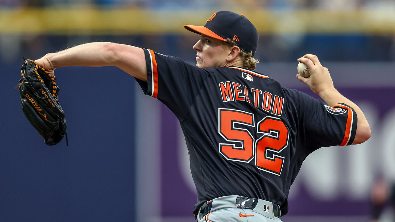 ST. PETERSBURG, FL - JUNE 3: Troy Melton #52 of the Detroit Tigers throws against the Tampa Bay Rays during the seventh inning of a baseball game at Tropicana Field on June 3, 2026 in St. Petersburg, Florida.