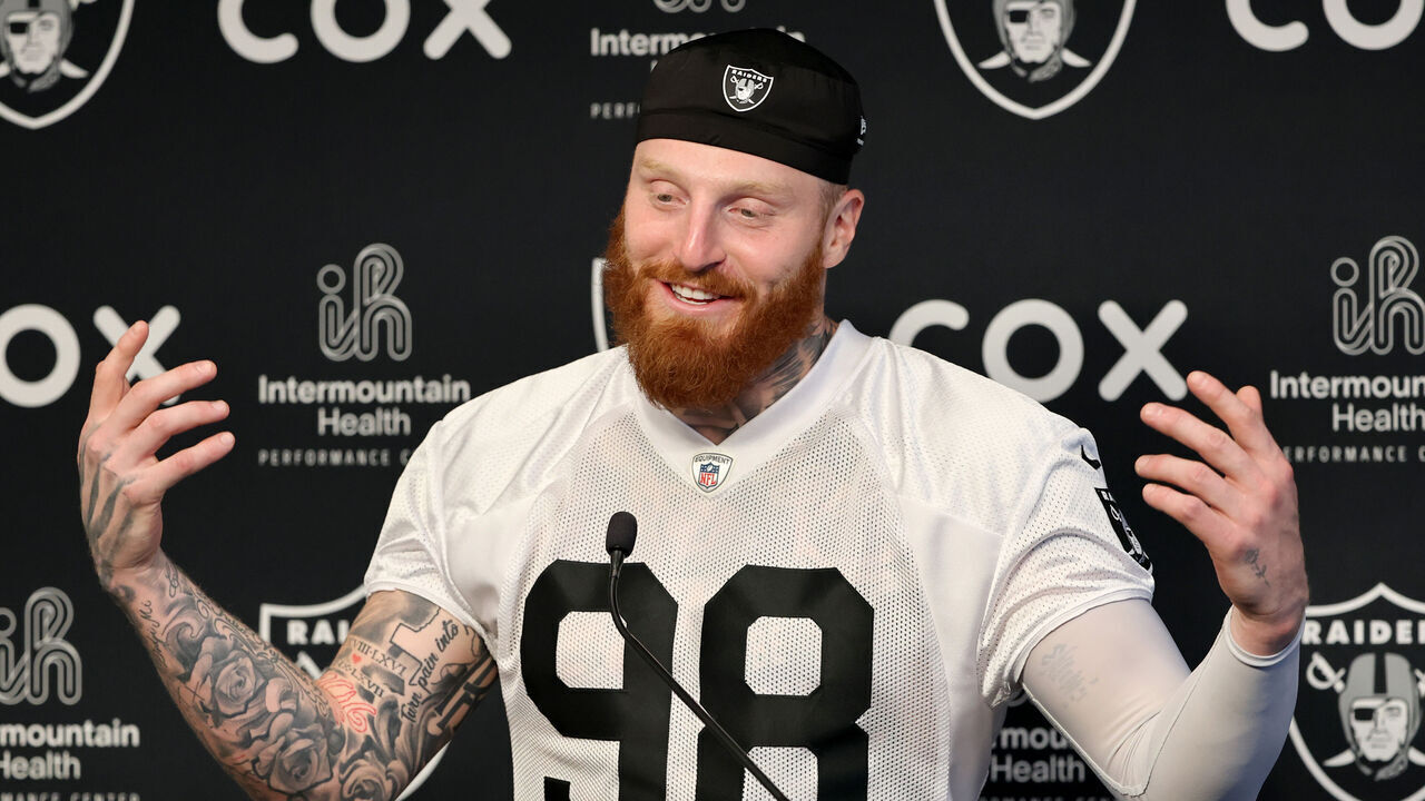 HENDERSON, NEVADA - JUNE 03: Maxx Crosby #98 of the Las Vegas Raiders attends a news conference after an OTA offseason workout at the Las Vegas Raiders Headquarters/Intermountain Health Performance Center on June 03, 2026 in Henderson, Nevada.