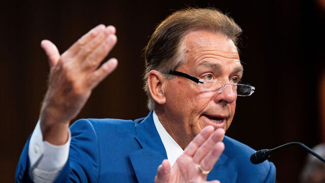 UNITED STATES - JUNE 3: Former University of Alabama head football coach Nick Saban testifies during the Senate Commerce, Science & Transportation Committee hearing on "Protecting College Sports: supporting student athletes, restoring fair compensation, and saving the games fans love" in the Hart Senate Office Building on Wednesday, June 3, 2026. (Bill Clark/CQ-Roll Call, Inc via Getty Images)