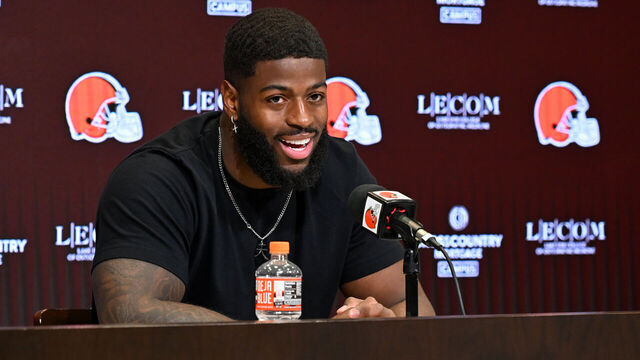 BEREA, OHIO - JUNE 03: Jared Verse #8 of the Cleveland Browns answers questions from the media during a press conference after the Cleveland Browns OTA Offseason Workouts at CrossCountry Mortgage Campus on June 03, 2026 in Berea, Ohio.