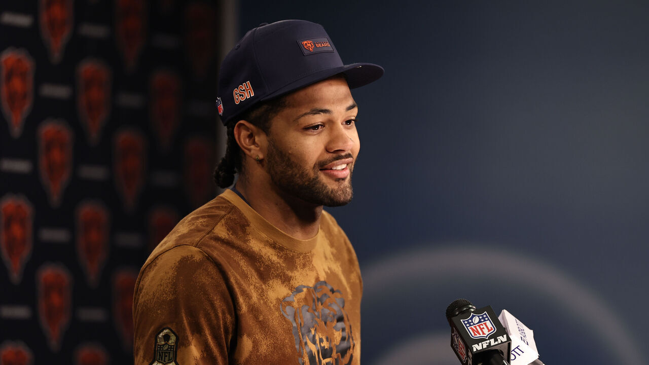 LAKE FOREST, ILLINOIS - JUNE 3: Rome Odunze #15 of the Chicago Bears addresses the media after a Chicago Bears OTA Offseason Workout at Halas Hall on June 3, 2026 in Lake Forest, Illinois.
