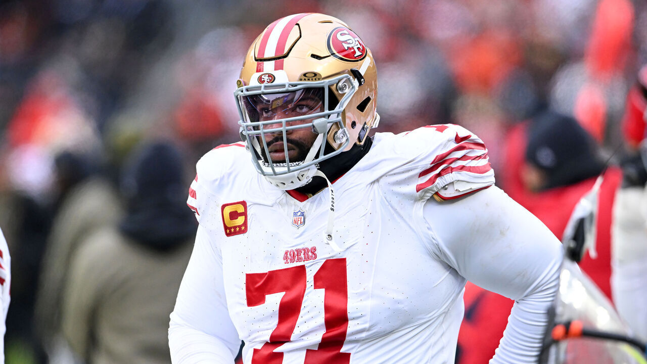 CLEVELAND, OHIO - NOVEMBER 30: Trent Williams #71 of the San Francisco 49ers looks on during the third quarter against the Cleveland Browns at Huntington Bank Field on November 30, 2025 in Cleveland, Ohio.