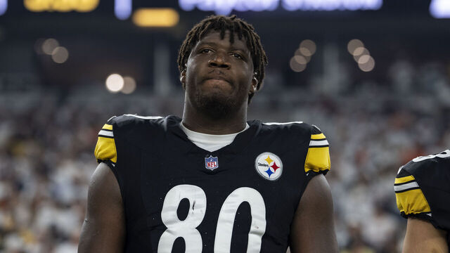 CINCINNATI, OHIO - OCTOBER 16: Darnell Washington #80 of the Pittsburgh Steelers looks on during the national anthem prior to an NFL football game against the Cincinnati Bengals at Paycor Stadium on October 16, 2025 in Cincinnati, Ohio.