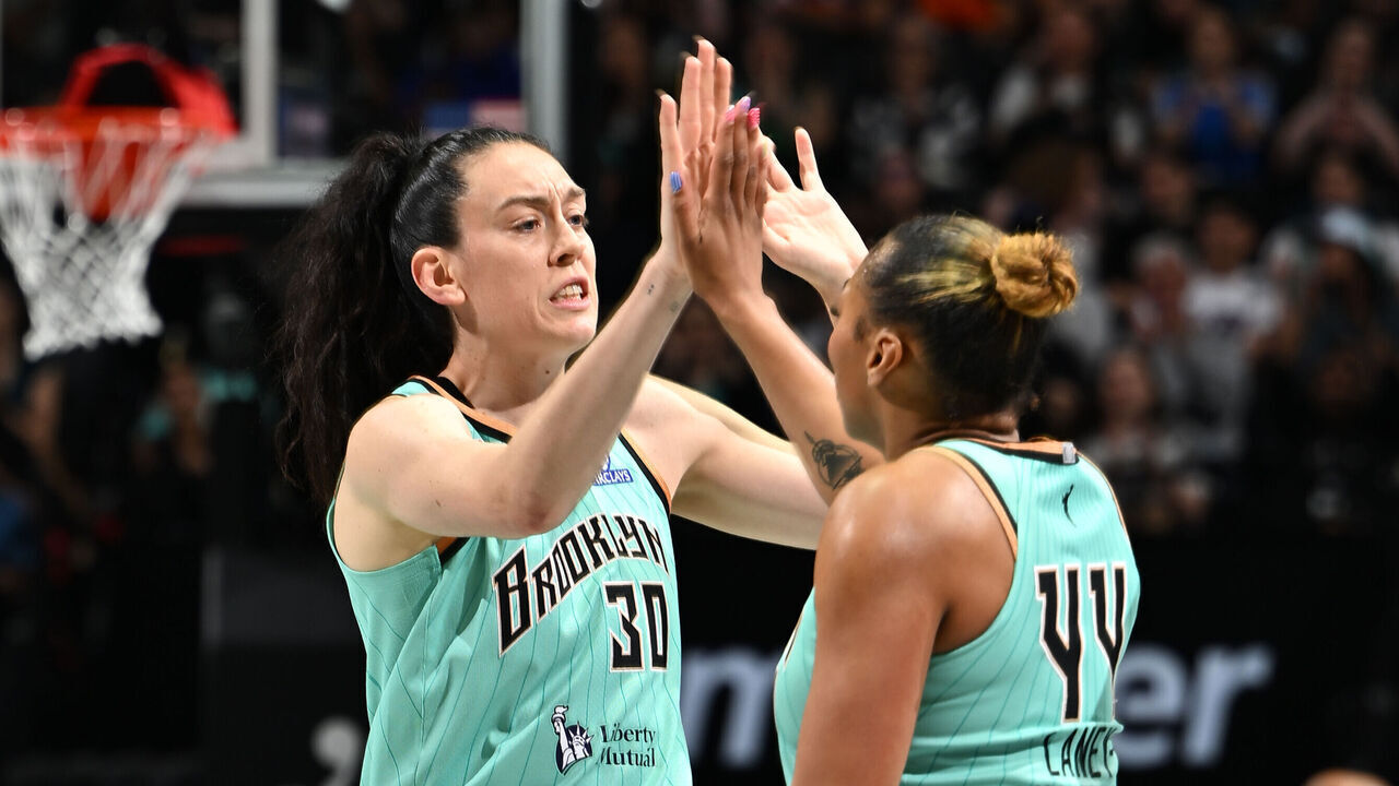 BROOKLYN, NY - JUNE 3: Breanna Stewart #30 and Betnijah Laney-Hamilton #44 of the New York Liberty high five during WNBA Commissioner's Cup Game against the Toronto Tempo on June 3, 2026 at Barclays Center Arena in Brooklyn, New York. Mandatory Copyright Notice: Copyright 2026 NBAE