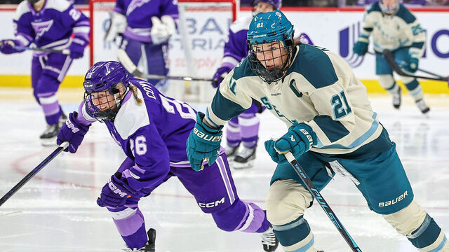 ST PAUL, MINNESOTA - JANUARY 11: Hilary Knight #21 of the Seattle Torrent skates against Kendall Coyne Schofield #26 of the Minnesota Frost during the second period at Grand Casino Arena on January 11, 2026 in St Paul, Minnesota. The Frost defeated the Torrent 6-2.