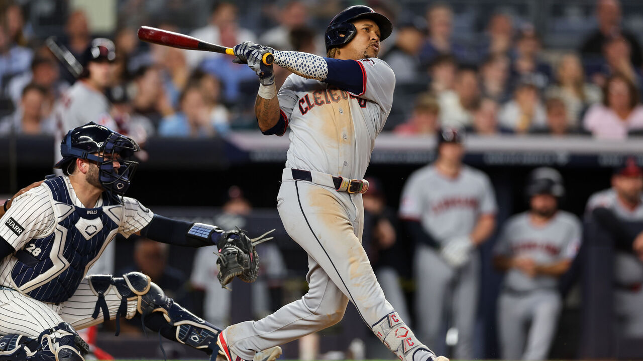 NEW YORK, NEW YORK - JUNE 03: José Ramírez #11 of the Cleveland Guardians hits a solo home run during the sixth inning against the New York Yankees at Yankee Stadium on June 03, 2026 in the Bronx borough of New York City.