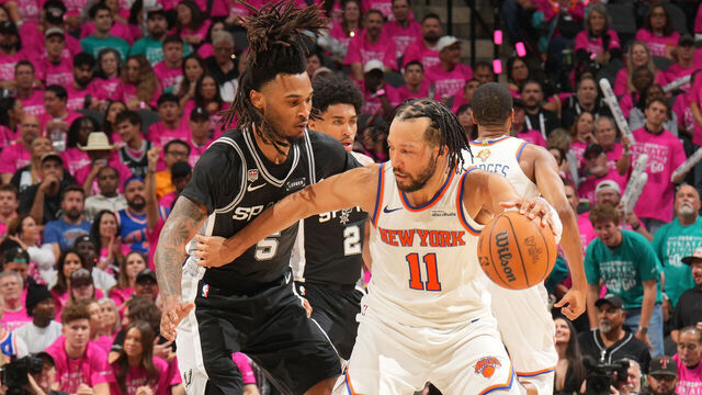 SAN ANTONIO, TX - JUNE 3: Stephon Castle #5 of the San Antonio Spurs guards Jalen Brunson #11 of the New York Knicks during the game during Game One of the 2026 NBA Finals on June 3, 2026 at Frost Bank Center in San Antonio, Texas. Mandatory Copyright Notice: Copyright 2026 NBAE