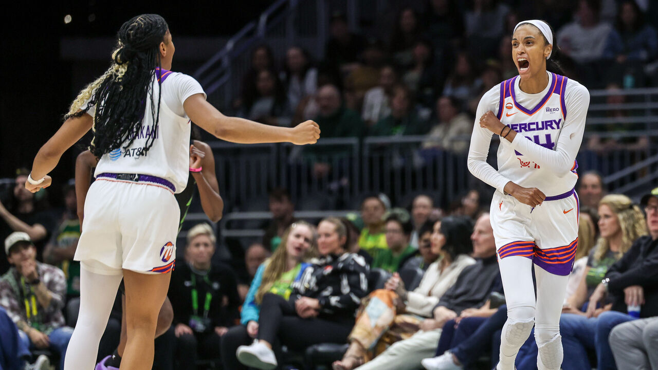 SEATTLE, WASHINGTON - JUNE 03: DeWanna Bonner #24 of the Phoenix Mercury reacts after making a three-pointer during the fourth quarter against the Seattle Storm at Climate Pledge Arena on June 03, 2026 in Seattle, Washington.