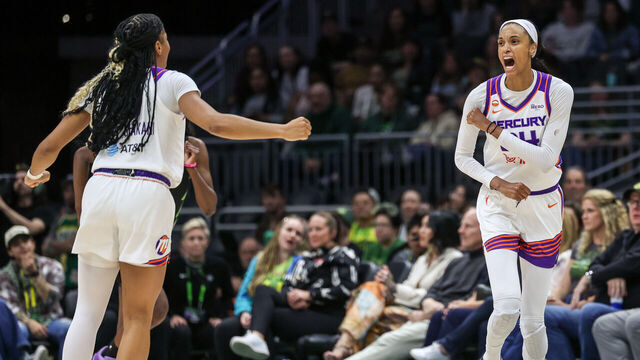 SEATTLE, WASHINGTON - JUNE 03: DeWanna Bonner #24 of the Phoenix Mercury reacts after making a three-pointer during the fourth quarter against the Seattle Storm at Climate Pledge Arena on June 03, 2026 in Seattle, Washington.
