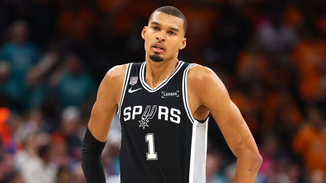 SAN ANTONIO, TEXAS - JUNE 03: Victor Wembanyama #1 of the San Antonio Spurs reacts during the fourth quarter against the New York Knicks in Game One of the 2026 NBA Finals at Frost Bank Center on June 03, 2026 in San Antonio, Texas.