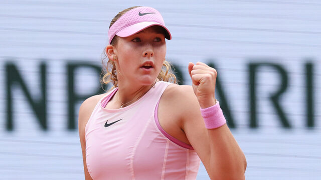 PARIS, FRANCE - JUNE 04: Mirra Andreeva celebrates a point against Marta Kostyuk of Ukraine during their Women's Singles semi-final match on Day Twelve of the 2026 French Open at Roland Garros on June 04, 2026 in Paris, France.