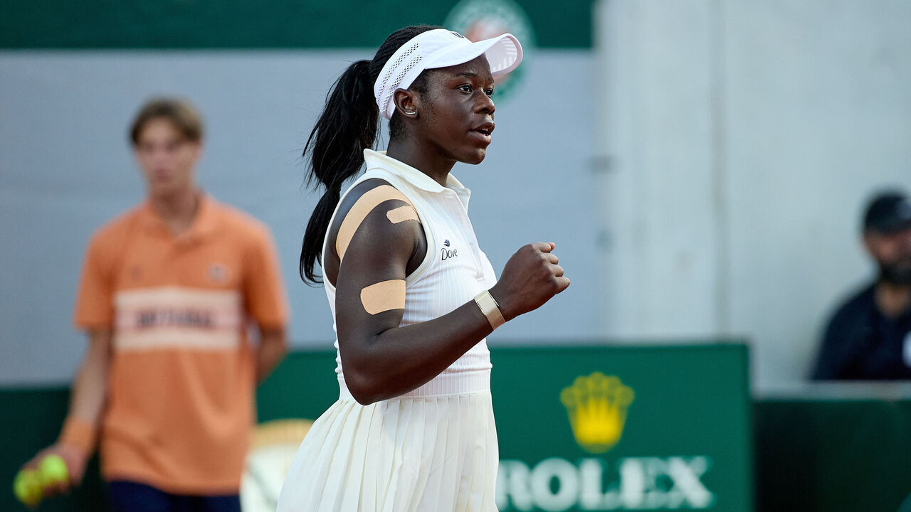 PARIS, FRANCE - MAY 26: Victoria Mboko of Canada celebrates a point against Nikola Bartunkova of Czech Republic in the Women's Singles First Round match on Day Three of the 2026 French Open at Roland Garros on May 26, 2026 in Paris, France.