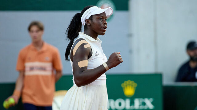 PARIS, FRANCE - MAY 26: Victoria Mboko of Canada celebrates a point against Nikola Bartunkova of Czech Republic in the Women's Singles First Round match on Day Three of the 2026 French Open at Roland Garros on May 26, 2026 in Paris, France.