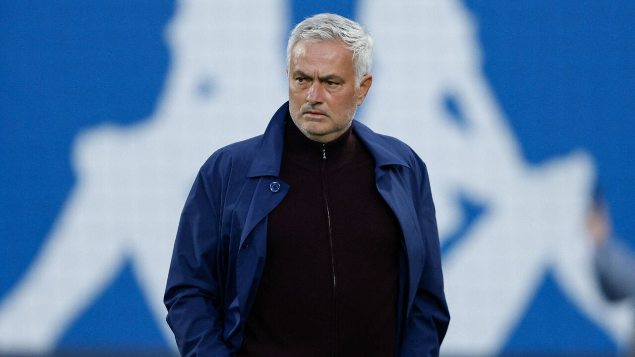 SL Benfica's Portuguese head coach Jose Mourinho looks on before the Portuguese League football match between GD Estoril Praia and SL Benfica at the Antonio Coimbra da Mota stadium in Estoril on May 16, 2026.