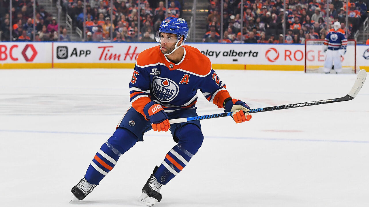 EDMONTON, CANADA - APRIL 16: Darnell Nurse #25 of the Edmonton Oilers in action during the game against the Vancouver Canucks at Rogers Place on April 16, 2026, in Edmonton, Alberta, Canada.