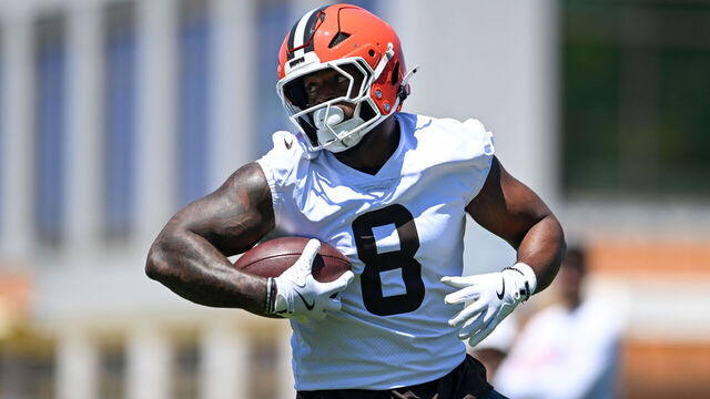 BEREA, OHIO - JUNE 03: Jared Verse #8 of the Cleveland Browns runs a drill during the Cleveland Browns OTA Offseason Workouts at CrossCountry Mortgage Campus on June 03, 2026 in Berea, Ohio.