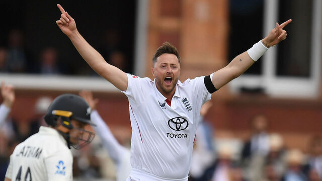 LONDON, ENGLAND - JUNE 04: Ollie Robinson of England appeals and dismisses Devon Conway lbw during the first day of the First Test between England and New Zealand at Lord's Cricket Ground on June 04, 2026 in London, England.
