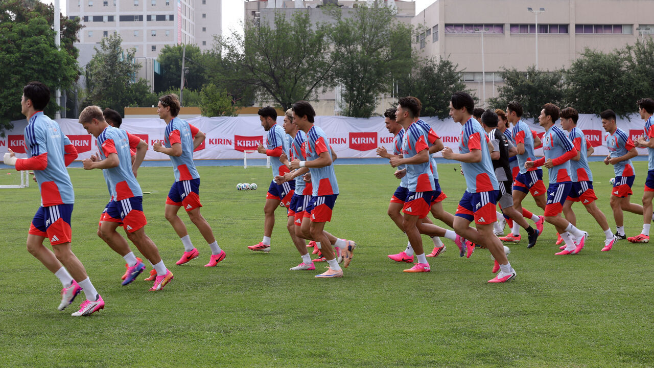 Japan's players take part in a training session at the Universidad Autonoma de Nuevo Leon (UANL) in Monterrey, Mexico, on June 3, 2026, ahead of the FIFA 2026 World Cup football tournament.