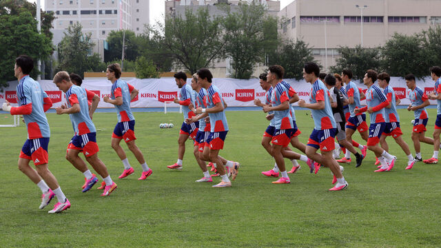 Japan's players take part in a training session at the Universidad Autonoma de Nuevo Leon (UANL) in Monterrey, Mexico, on June 3, 2026, ahead of the FIFA 2026 World Cup football tournament.