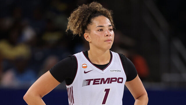 CHICAGO, ILLINOIS - MAY 27: Kiki Rice #1 of the Toronto Tempo looks on against the Chicago Sky during the second half at Wintrust Arena on May 27, 2026 in Chicago, Illinois.