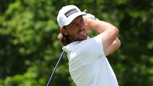 DUBLIN, OH - JUNE 04: Tommy Fleetwood of England plays his shot from the 18th tee during first round of the Memorial Tournament on June 04, 2026 at the Muirfield Village Golf Club in Dublin, Ohio.